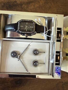 Tahari Black Watch and Matching Black Stone Necklace Set